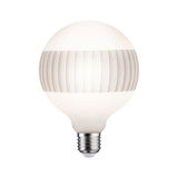 Ampoule LED ronde avec culot E27 et motif de lignes grises décoratives sur verre blanc