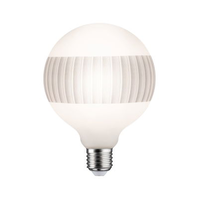 Round LED bulb with E27 base and decorative grey line pattern on white glass for lighting