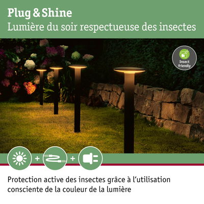 Quatre lampes de jardin LED noires avec lumière blanche chaude respectueuse des insectes dans un jardin.