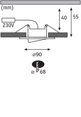 Technical drawing of recessed spotlight cross-section with 90 mm diameter and 230V connection.