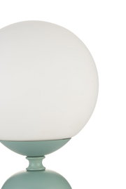 Round table lamp with white glass and mint green metal base for modern interiors