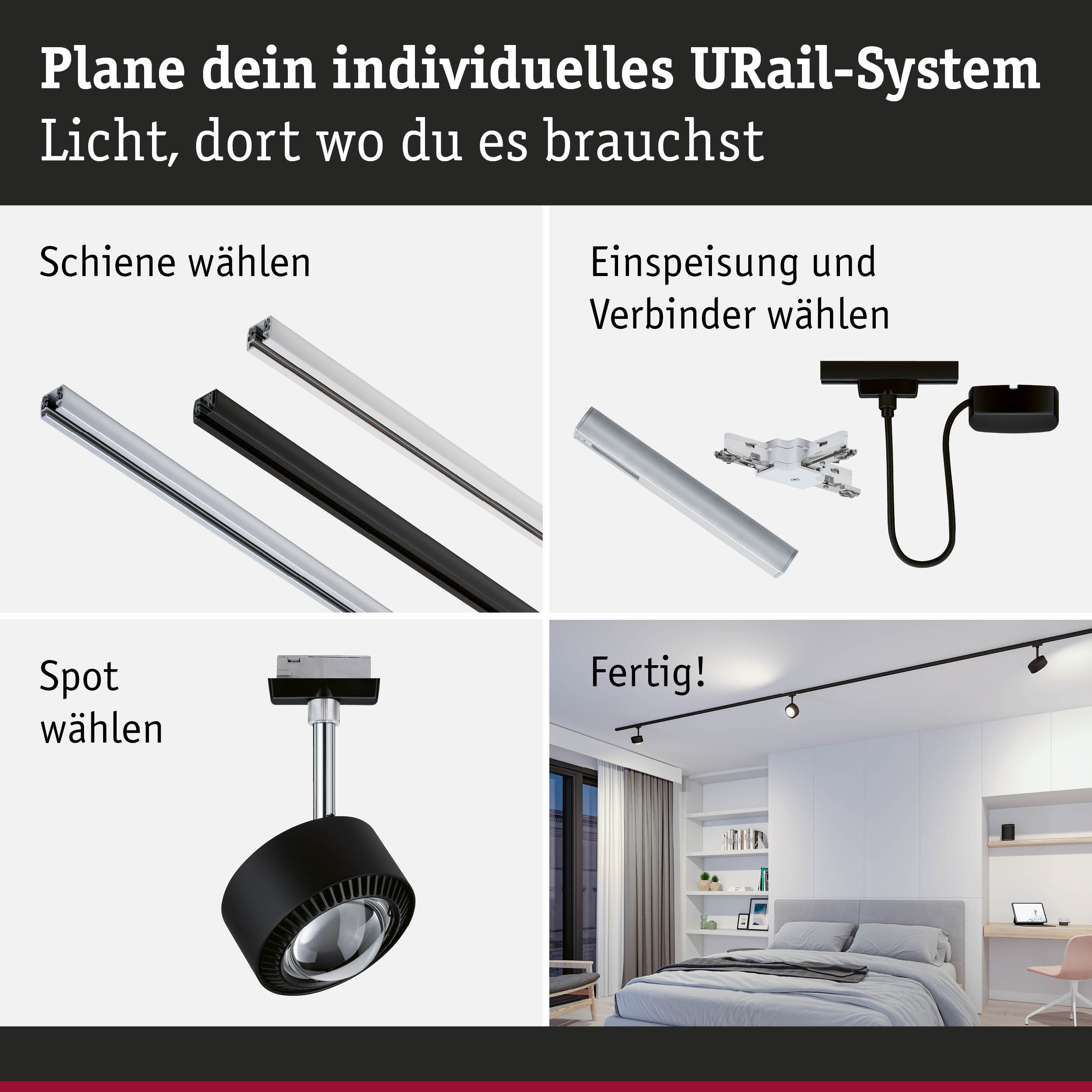 Modulares URail-Schienensystem in Schwarz und Weiß mit Spots für individuelle Raumbeleuchtung