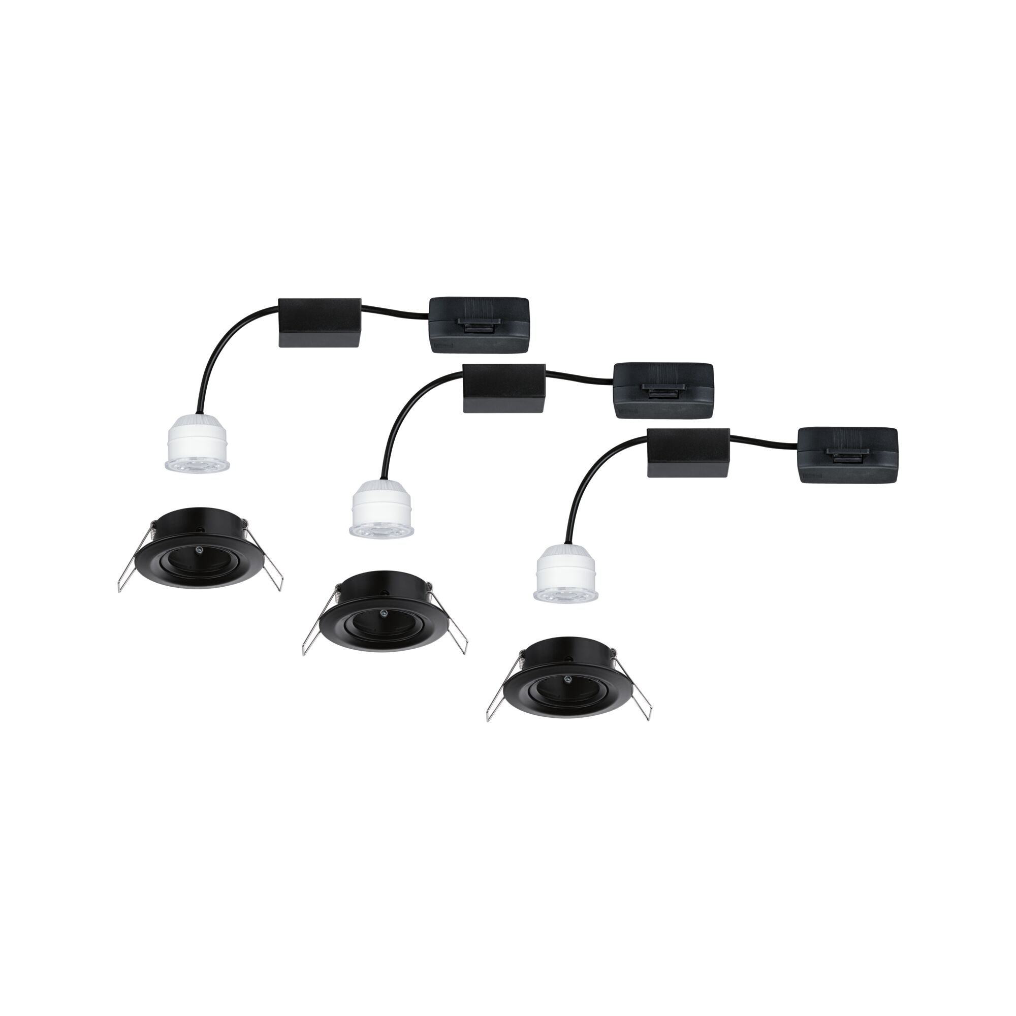 Three black recessed spotlights with white LED modules and cables for modern indoor lighting