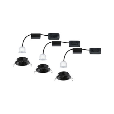 Trois spots encastrés noirs avec modules LED blancs et câbles pour éclairage intérieur moderne