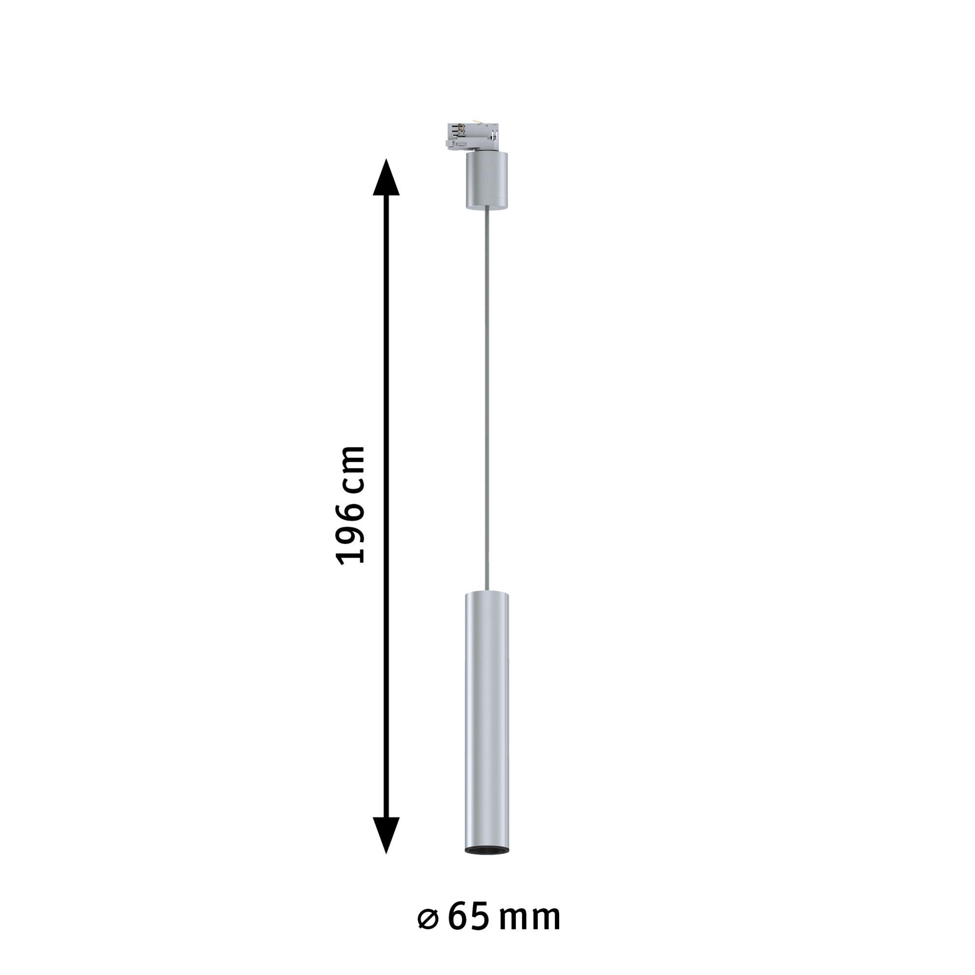 Silver metal LED pendant light measuring 196 cm length and 65 mm diameter for modern lighting