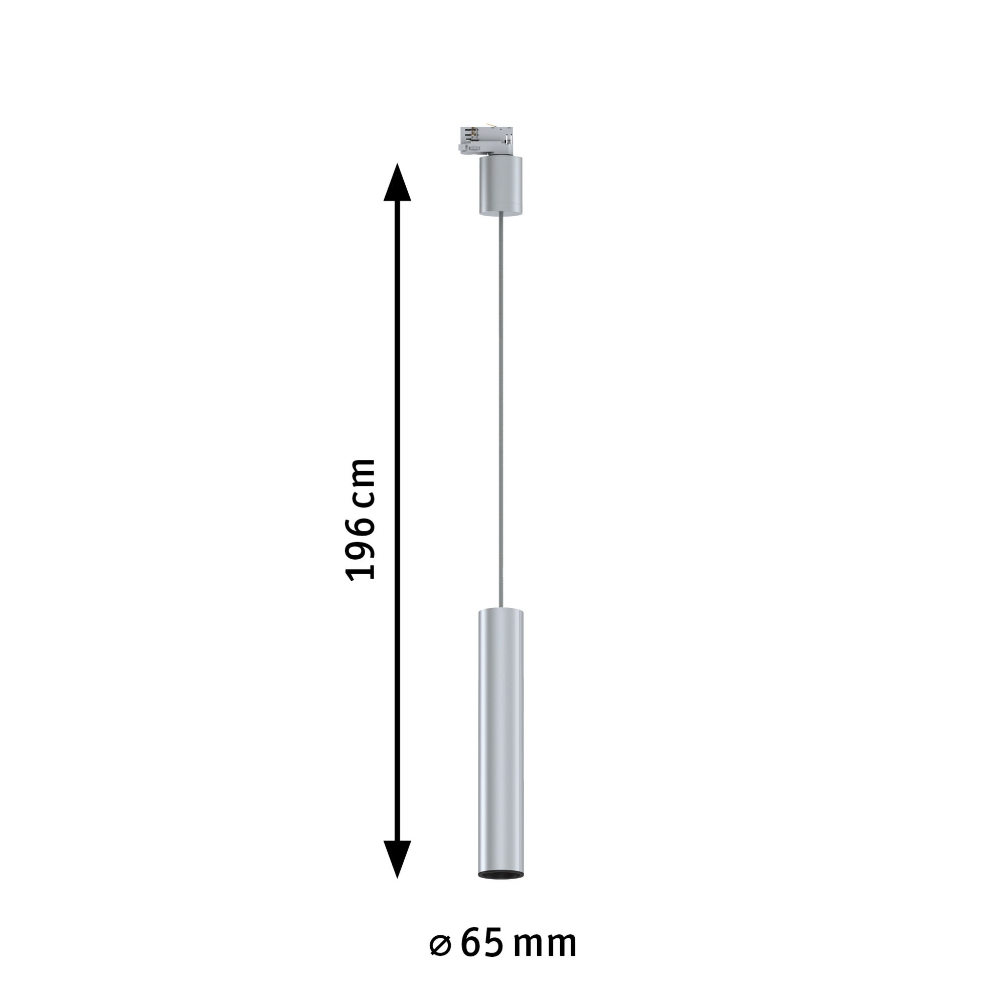 Silberne LED-Pendelleuchte aus Metall mit 196 cm Länge und 65 mm Durchmesser für moderne Beleuchtung