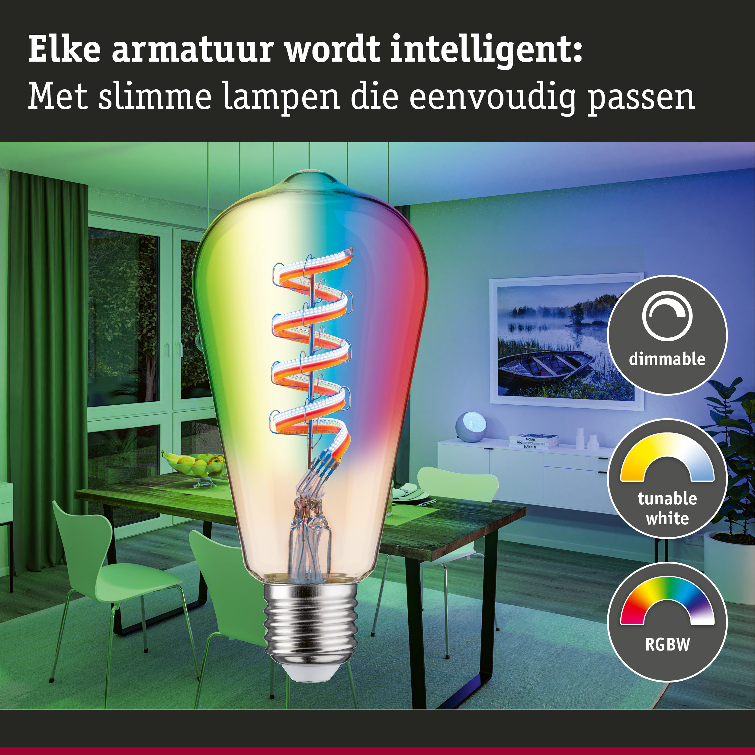 Kleurrijke LED-lamp met spiraal in moderne eetkamer, dimbaar en instelbaar wit licht