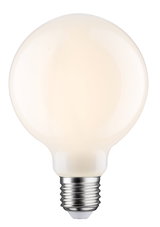 Runde LED-Glühbirne mit matt-weißer Oberfläche und E27-Fassung für energiesparende Beleuchtung