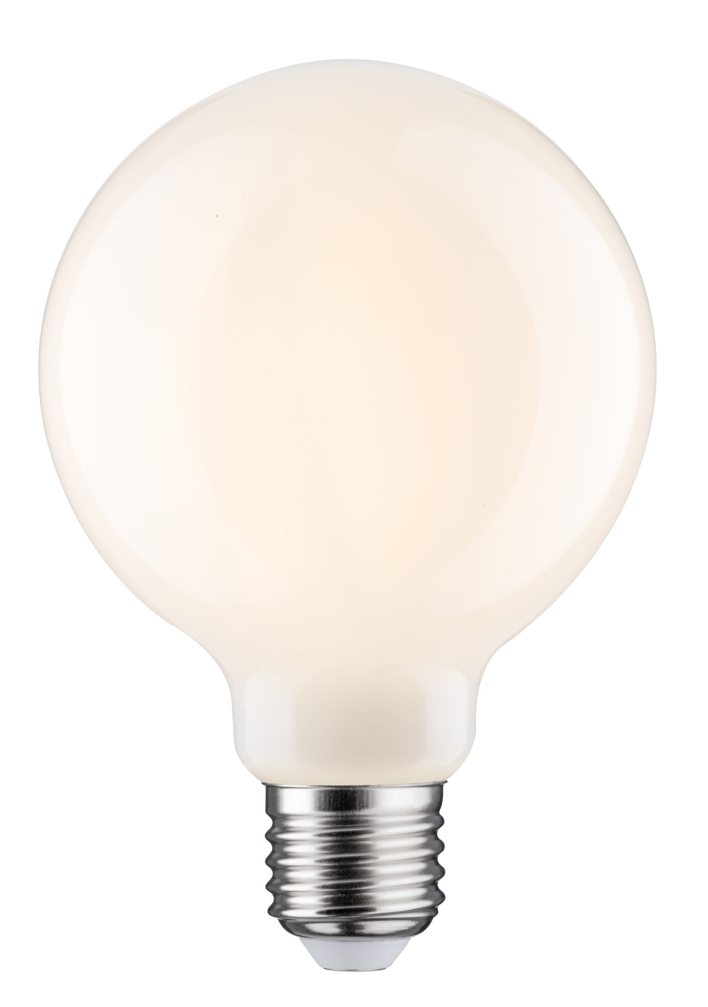 Runde LED-Glühbirne mit matt-weißer Oberfläche und E27-Fassung für energiesparende Beleuchtung