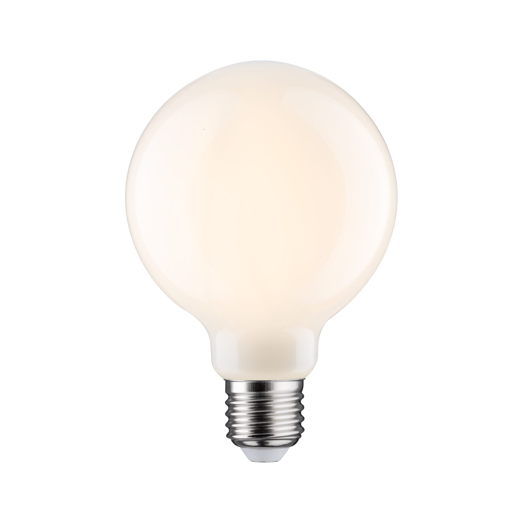 Runde LED-Glühbirne mit matt-weißer Oberfläche und E27-Fassung für energiesparende Beleuchtung