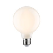 Runde LED-Glühbirne mit matt-weißer Oberfläche und E27-Fassung für energiesparende Beleuchtung