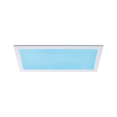 Rectangular LED ceiling light with white frame and blue illumination for modern interiors.