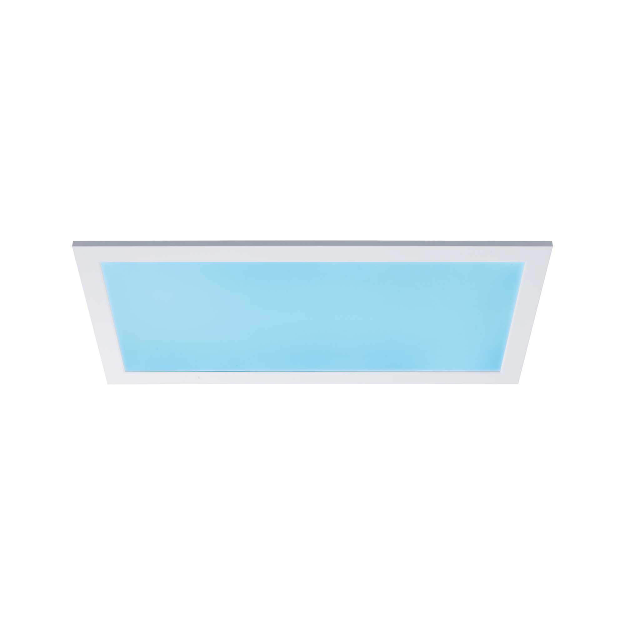 Rectangular LED ceiling light with white frame and blue illumination for modern interiors.