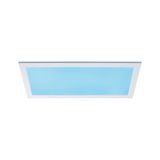 Rectangular LED ceiling light with white frame and blue illumination for modern interiors.