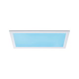Rectangular LED ceiling light with white frame and blue illumination for modern interiors.
