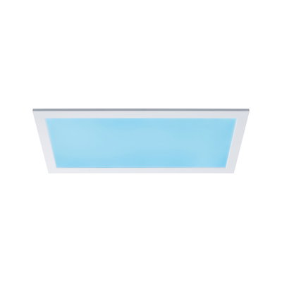 Plafonnier LED rectangulaire avec cadre blanc et lumière bleue pour intérieurs modernes.