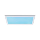 Plafonnier LED rectangulaire avec cadre blanc et lumière bleue pour intérieurs modernes.