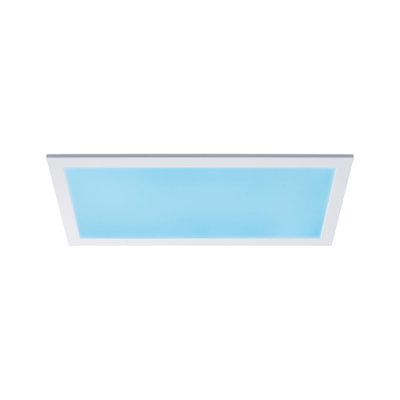 Plafonnier LED rectangulaire avec cadre blanc et lumière bleue pour intérieurs modernes.