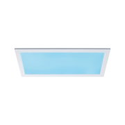 Plafonnier LED rectangulaire avec cadre blanc et lumière bleue pour intérieurs modernes.