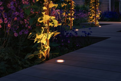 Verlicht tuinpad met ingebouwde LED-vloerlampen en planten in de schemering
