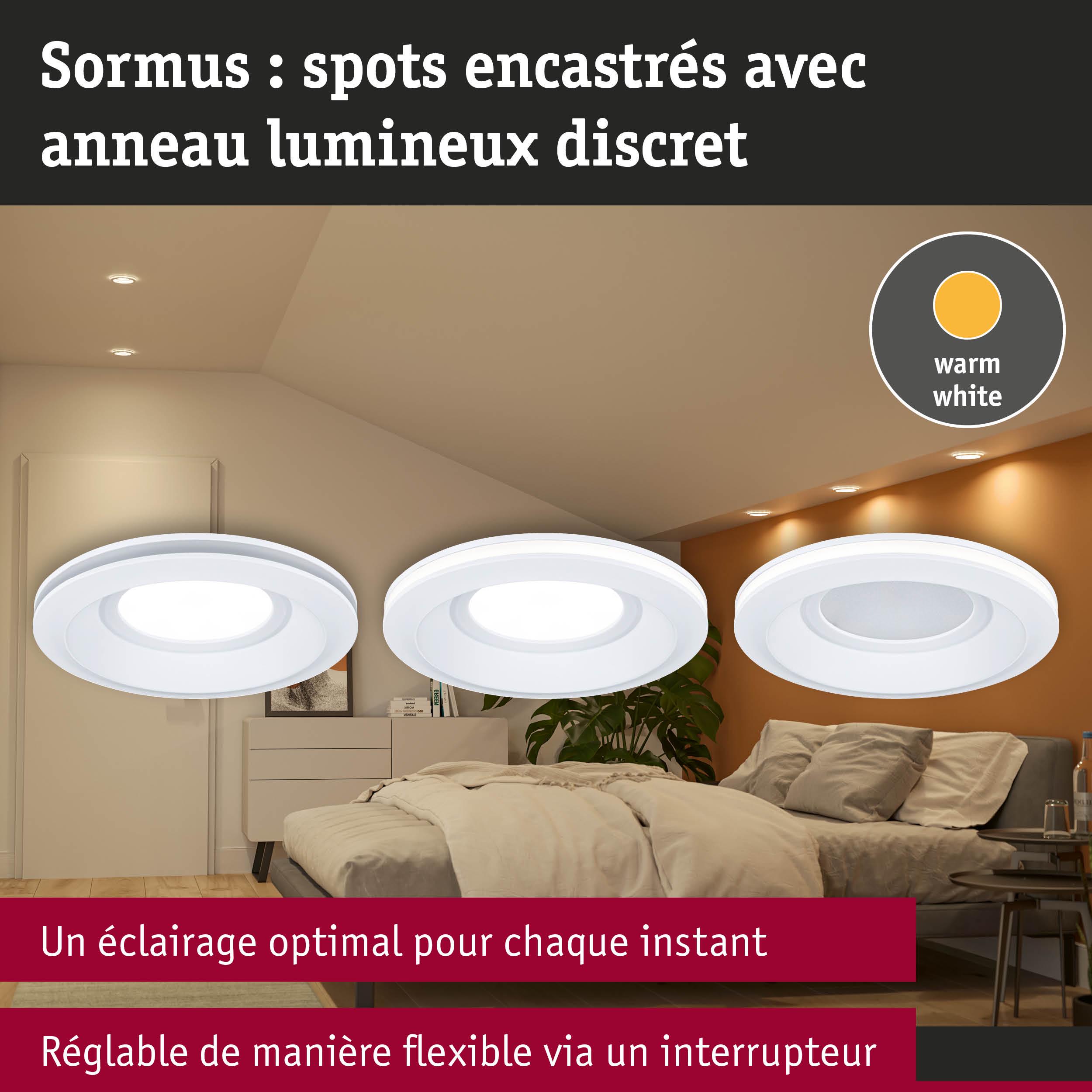 Spots encastrés blancs Sormus avec lumière blanc chaud et anneau lumineux discret pour éclairage flexible