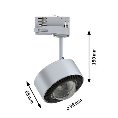 Gray LED spotlight with 98 mm diameter and 180 mm height, energy-efficient lighting solution