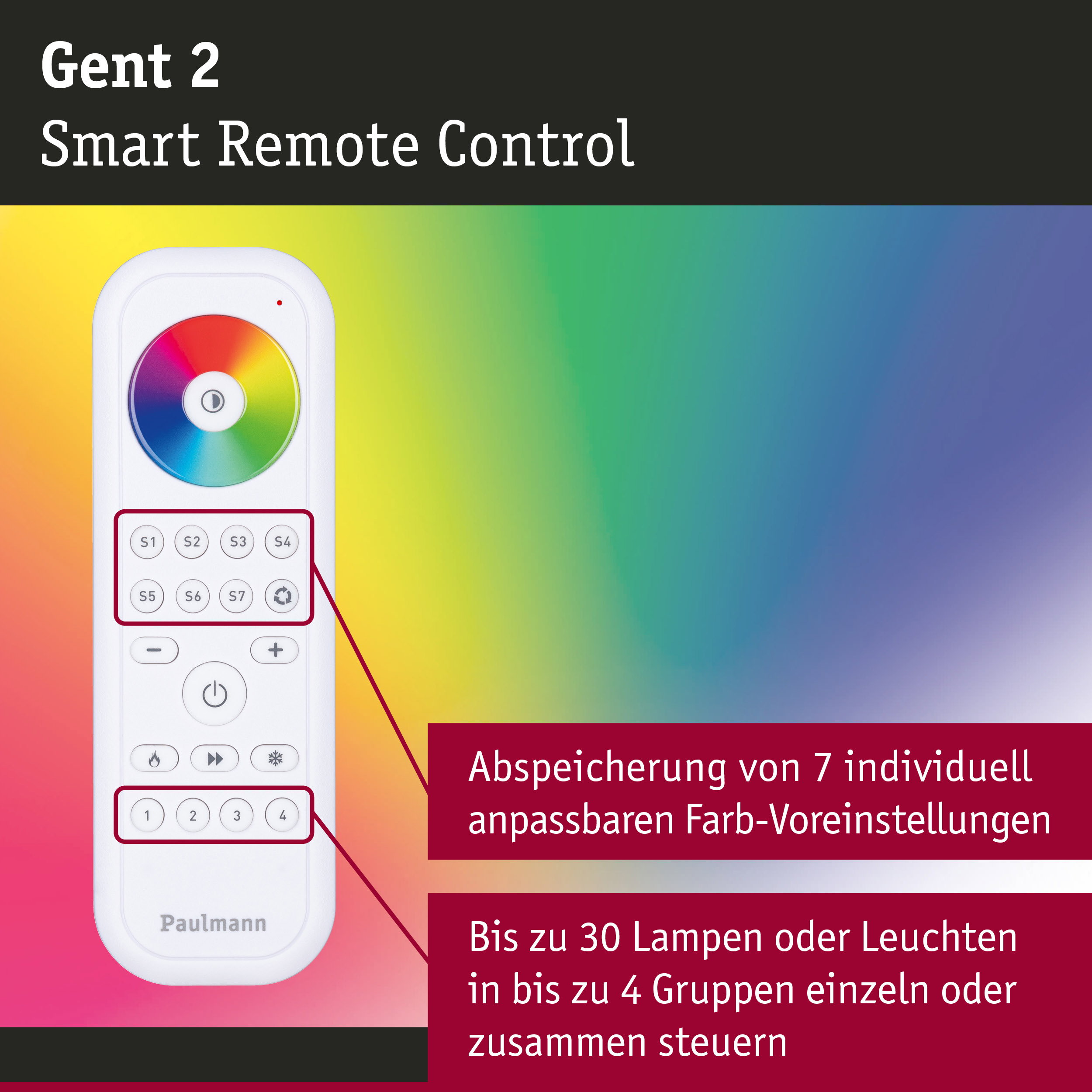 Weiße Gent 2 Smart Remote Control mit Farbkreis und Tasten zur Steuerung von Lichtgruppen