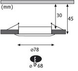 Teknisk tegning af rund LED-indbygningsspot med 78 mm diameter og 45 mm indbygningsdybde