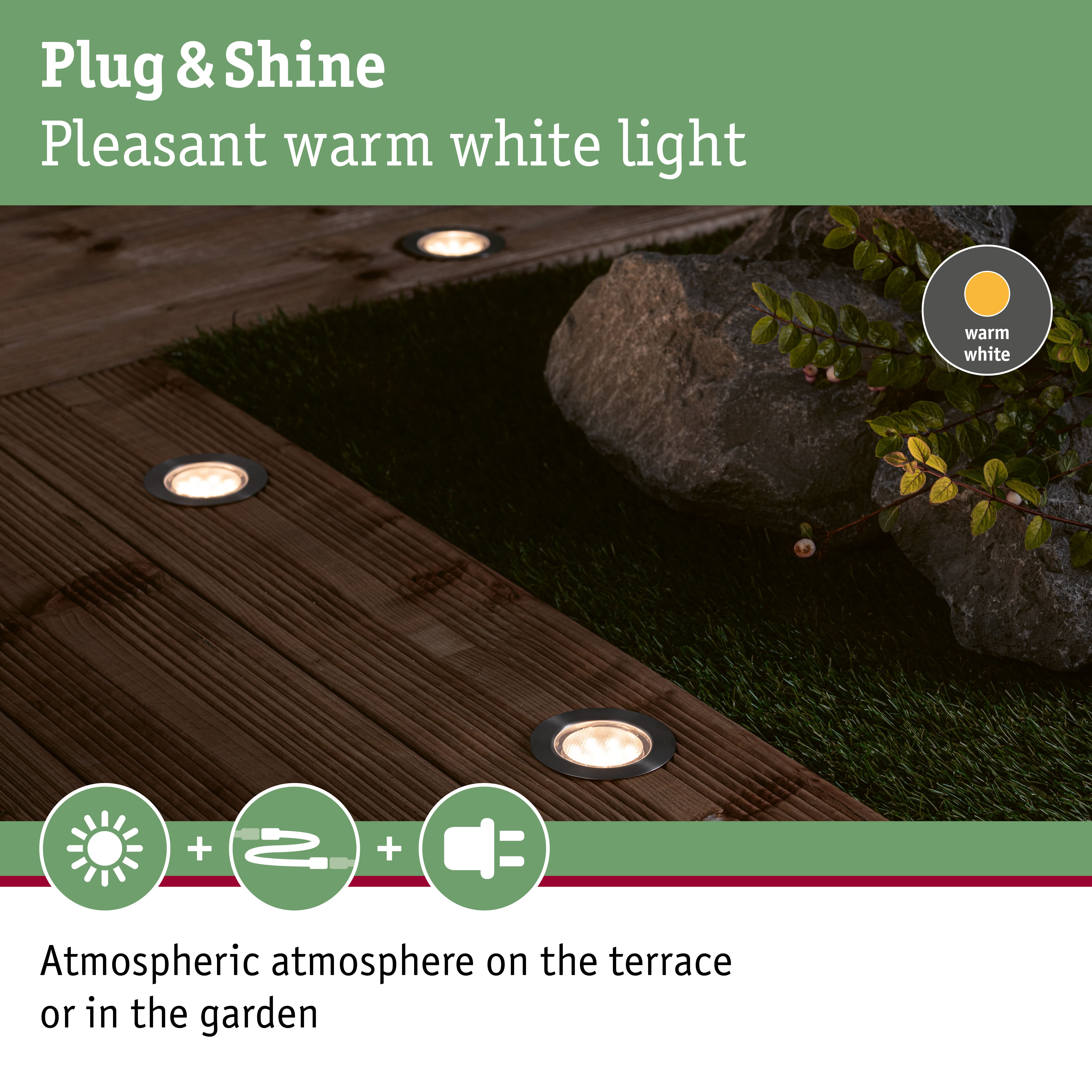 Recessed LED terrace lights with warm white light for atmospheric garden and patio lighting
