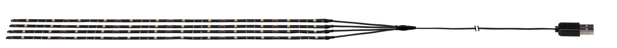Four black LED light strips with USB connector for versatile indoor lighting solutions.