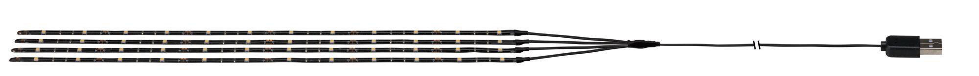Four black LED light strips with USB connector for flexible indoor lighting solutions.