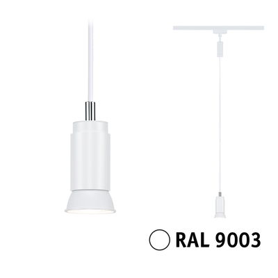 Moderne hvid metal pendel lampehoved i RAL 9003 til skinne systemer med LED-belysning