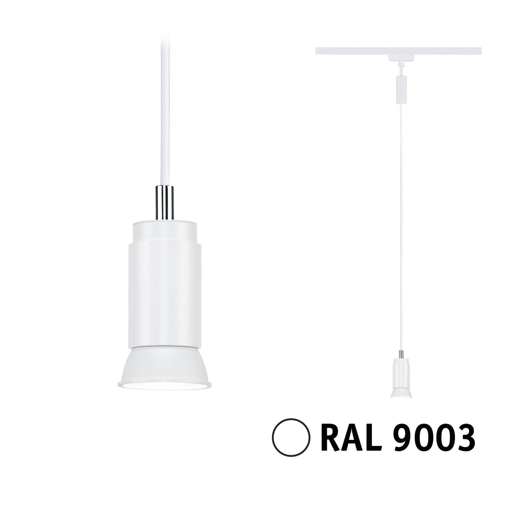 Moderner weißer Pendelleuchtenkopf aus Metall in RAL 9003 für Schienensysteme mit LED-Beleuchtung