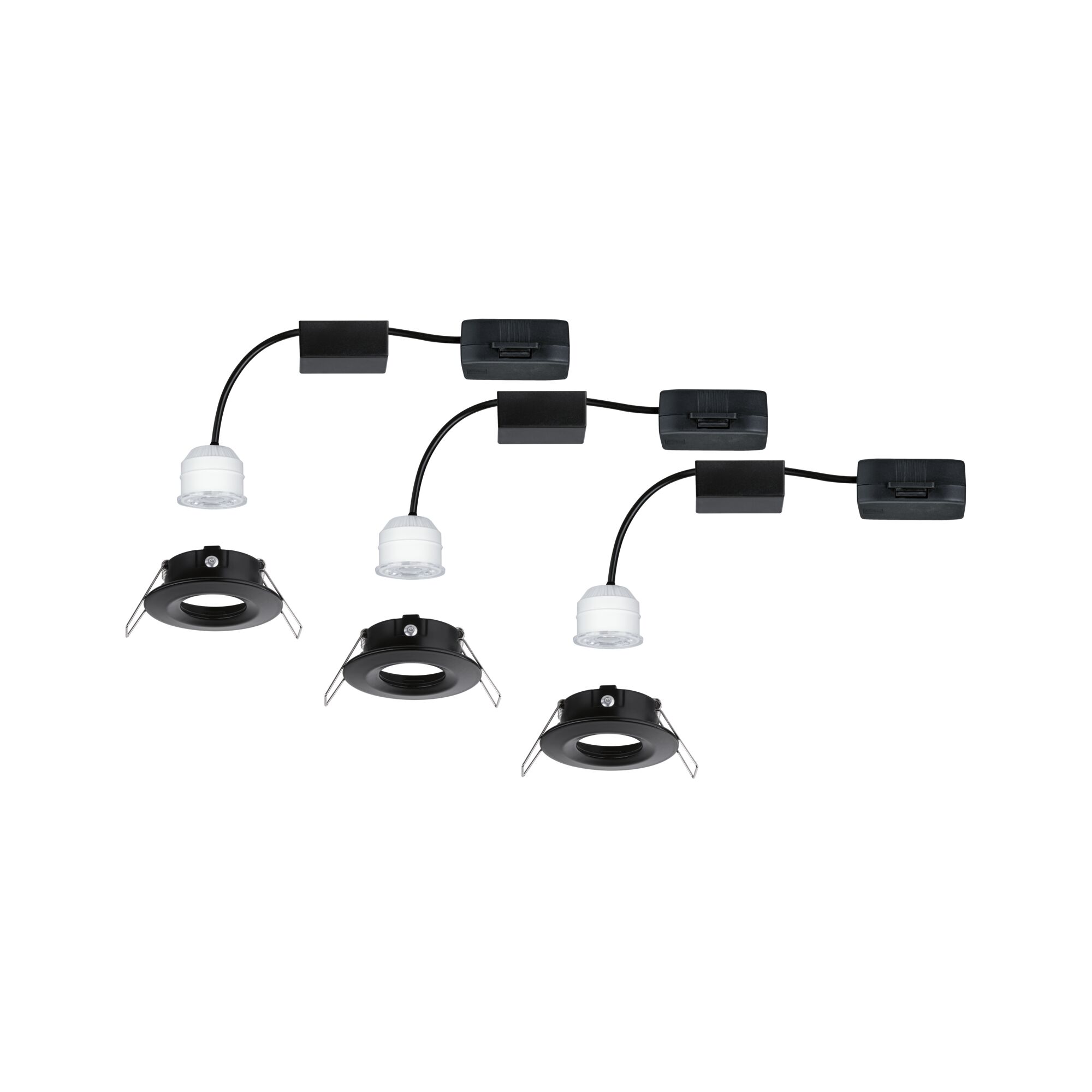 Three black recessed frames with white LED modules and cables for modern LED downlights.
