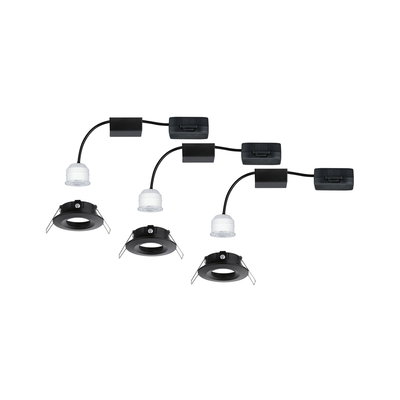Drei schwarze Einbaurahmen mit weißen LED-Modulen und Kabeln für moderne LED-Einbaustrahler.