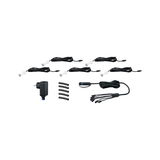 Set van vijf witte LED-spotjes met zwarte adapter en kabels voor LED-verlichtingssystemen