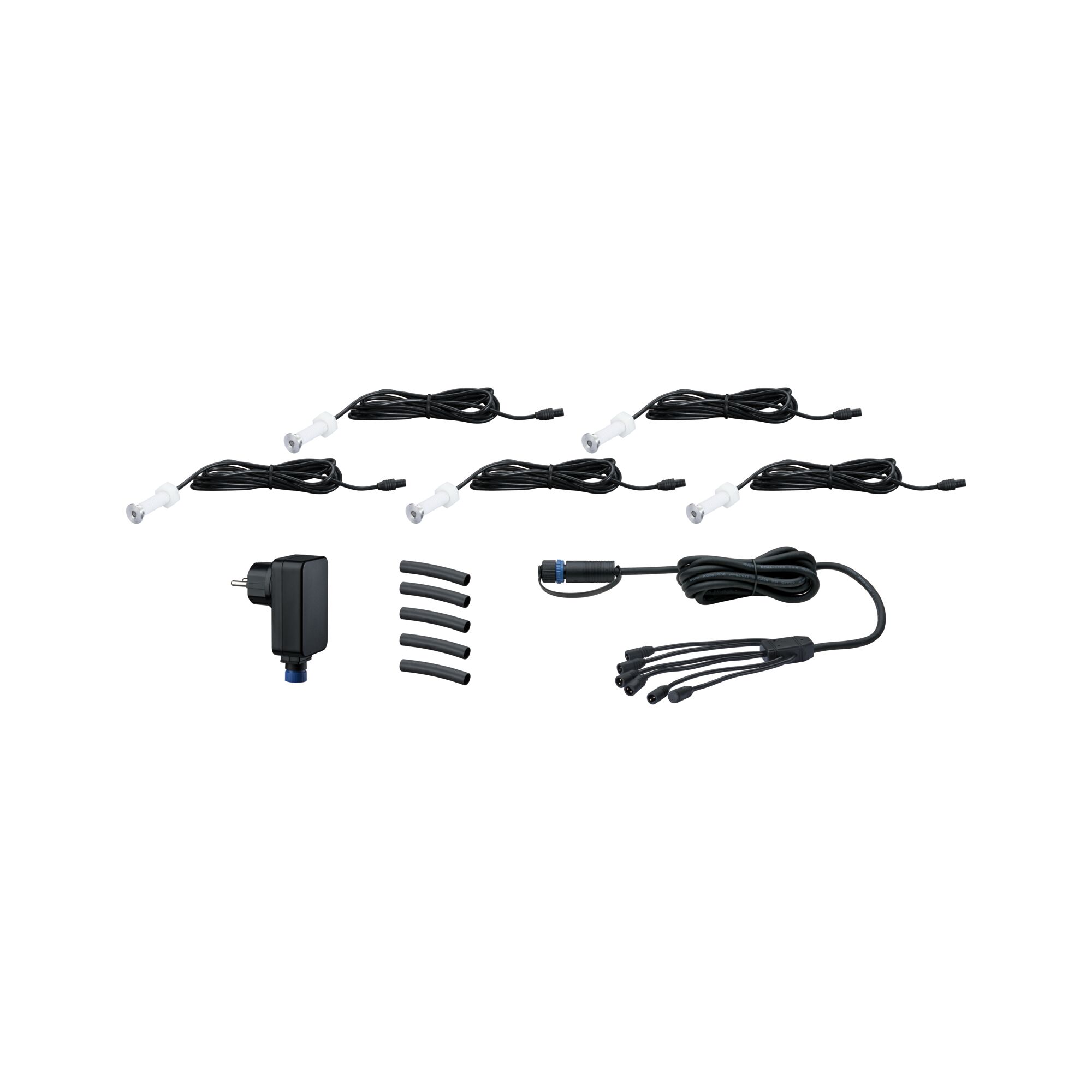 Set of five white LED spotlights with black power adapter and cables for LED lighting systems