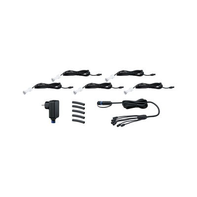 Set of five white LED spotlights with black power adapter and cables for LED lighting systems