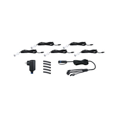 Set van vijf witte LED-spotjes met zwarte adapter en kabels voor LED-verlichtingssystemen