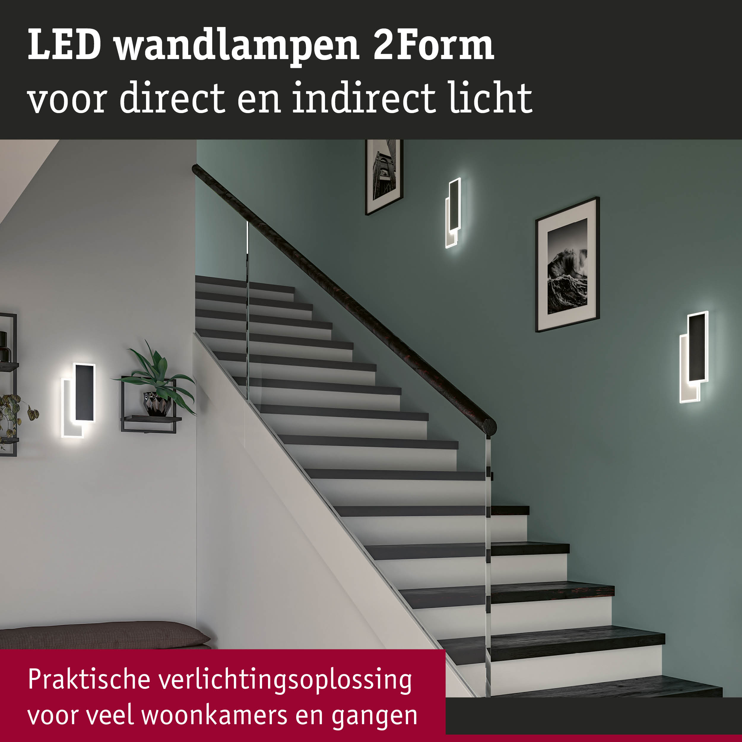 Moderne zwarte LED-wandlampen 2Form met direct en indirect licht voor trapverlichting