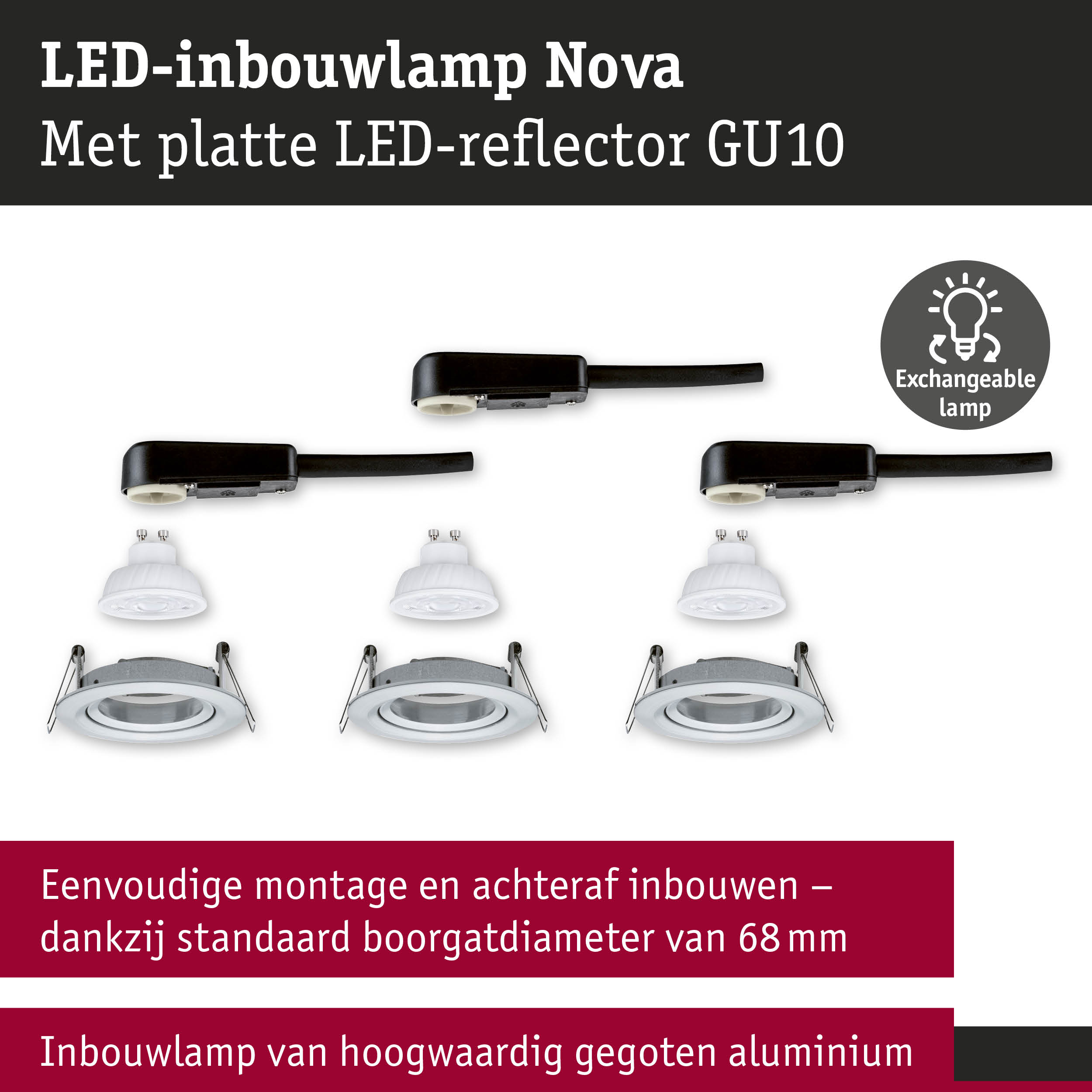 LED-inbouwlamp Nova met platte LED-reflector GU10 en verwisselbare lamp in zwart en wit