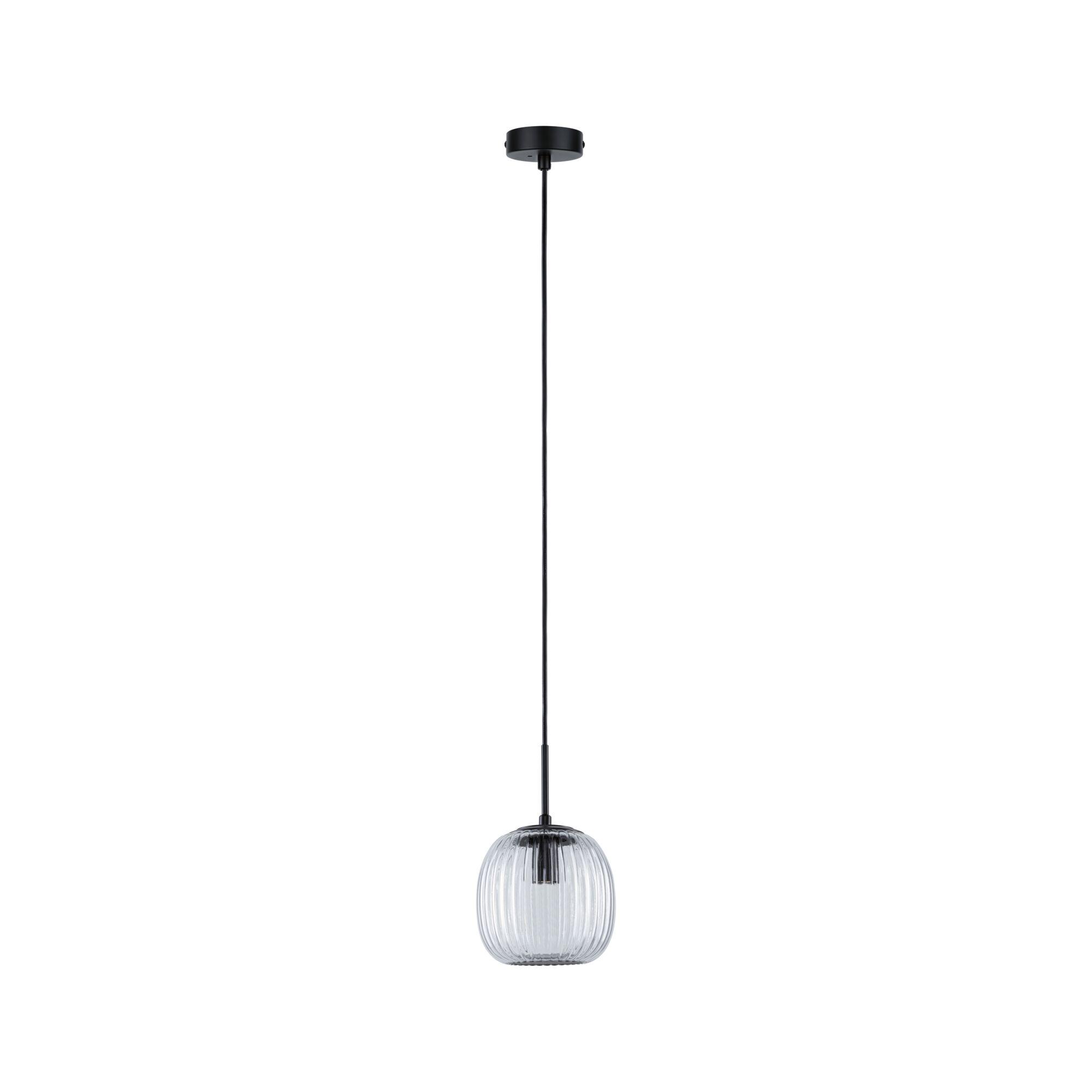 Modern pendant light with ribbed clear glass and black metal holder for living spaces