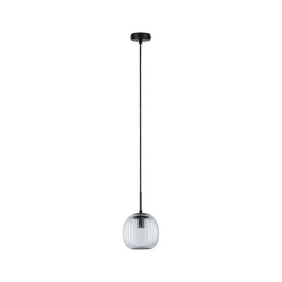 Modern pendant light with ribbed clear glass and black metal holder for living spaces