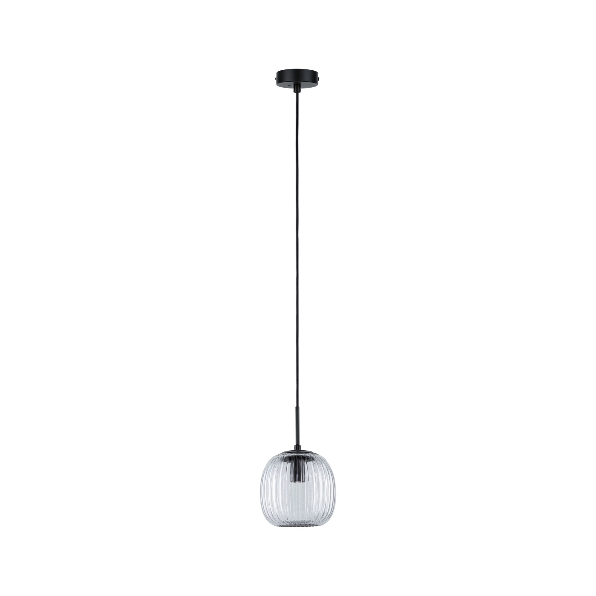 Modern pendant light with ribbed clear glass and black metal cable for stylish home lighting