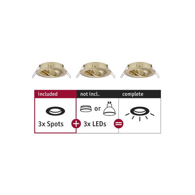 Set of three gold recessed spotlights without LEDs, 3 spots for LED lamps, lighting accessories