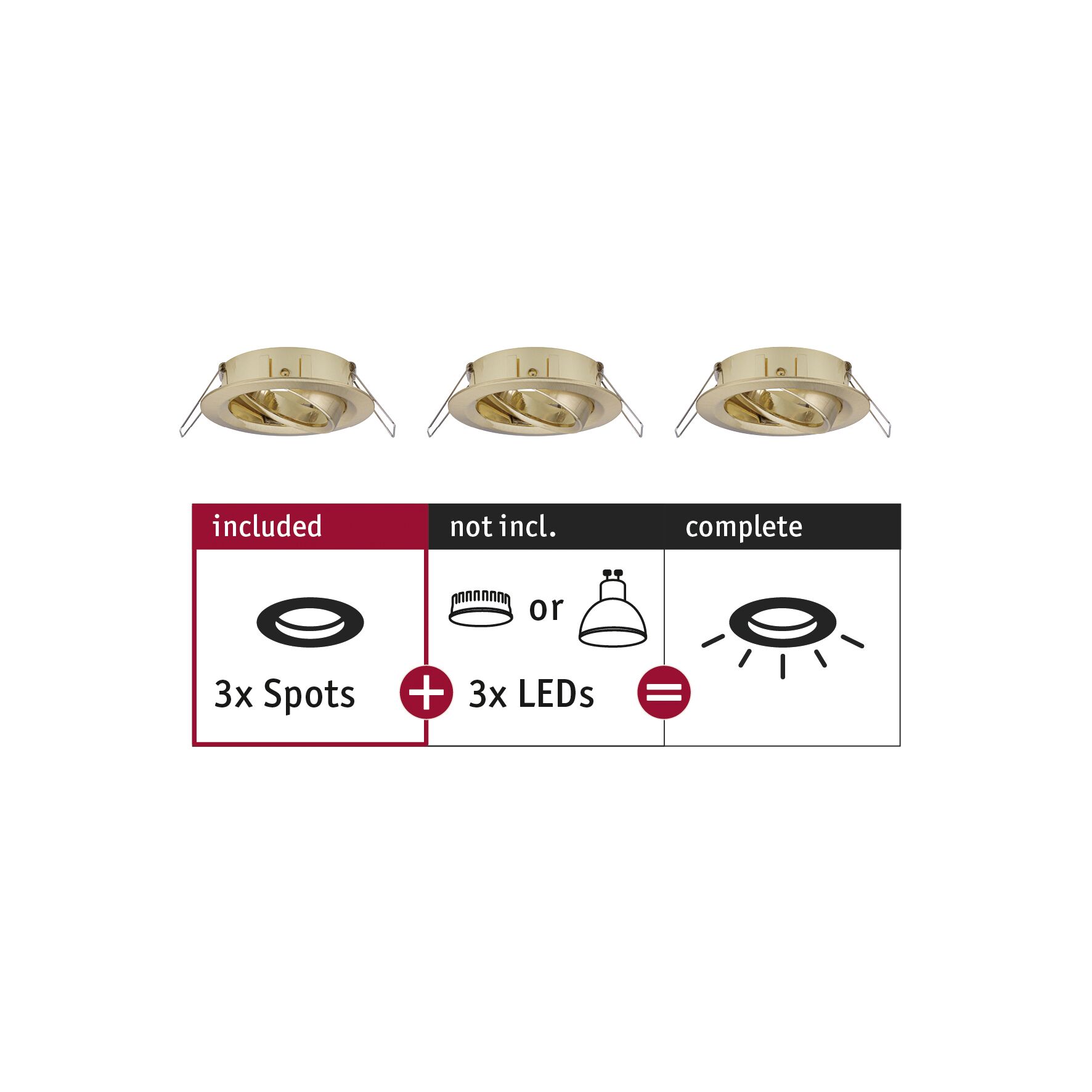 Oprawy wpuszczane Choose Zestaw podstawowy obrotowy okrągły 84mm 50° max. 3x10W 230V ściemnialny mosiadz satynowany Set of three gold recessed spotlights without LEDs, 3 spots for LED lamps, lighting accessories