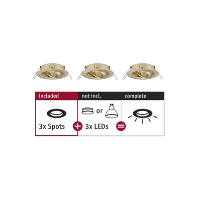 Drei goldfarbene Einbaustrahler ohne LEDs, Set mit 3 Spots für LED-Lampen, Beleuchtung Zubehör
