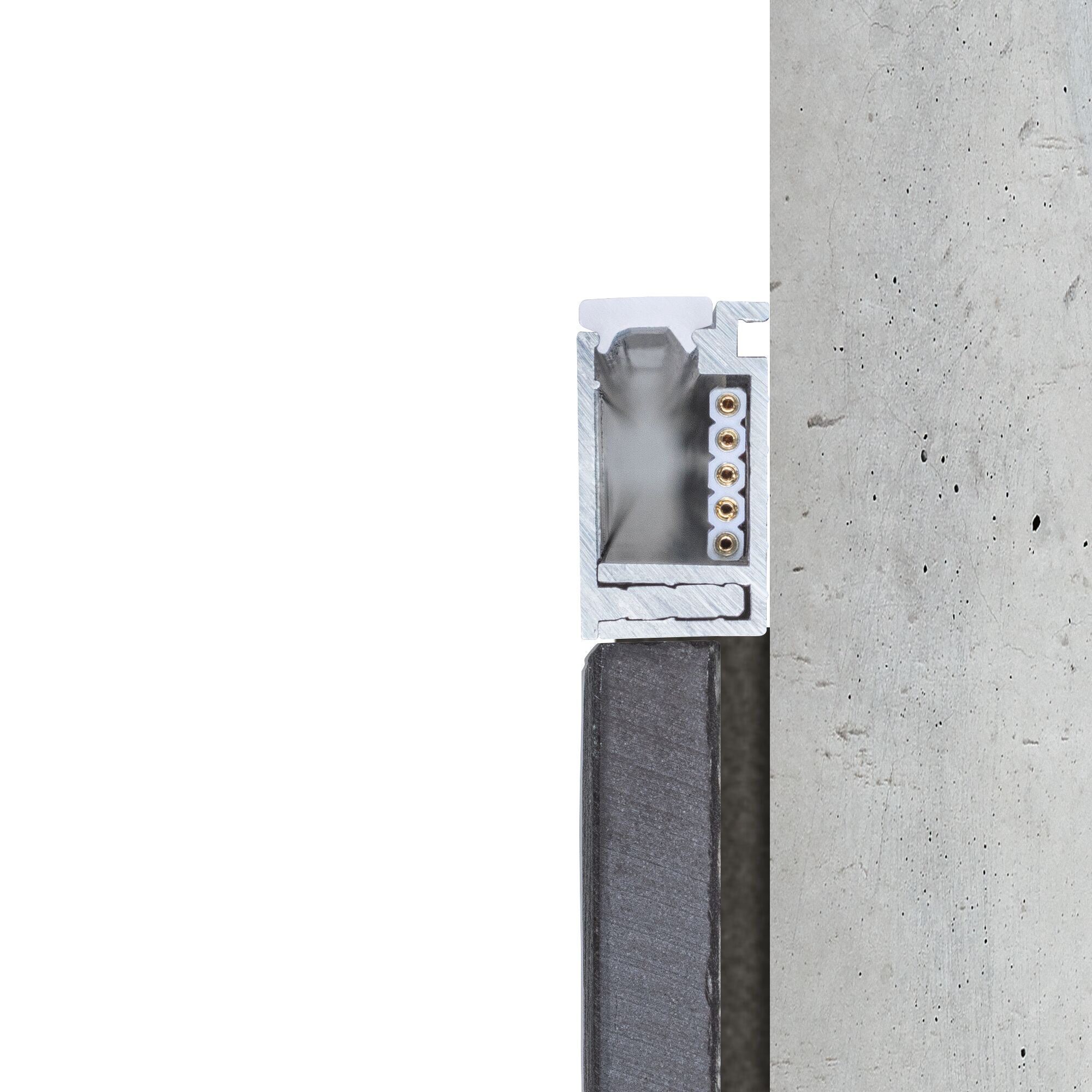 Cross-section of aluminum profile with LED connectors for modern light strips and recessed lighting.