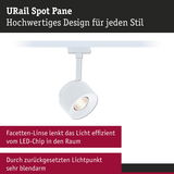 Weißer URail Spot Pane LED-Strahler mit Facettenlinse für effiziente Lichtlenkung und blendarmes Design