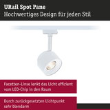 Weißer URail Spot Pane LED-Strahler mit Facettenlinse für effiziente Lichtlenkung und blendarmes Design